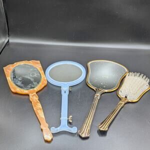 Vintage Vanity Mirror Lot Art Deco Celluloid Lucite Gold Tone Brush 4 Pieces